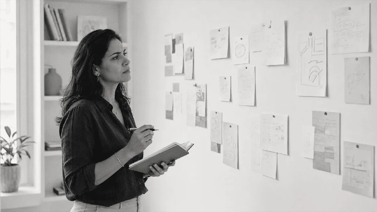 Mulher observando quadro com anotações e mapas