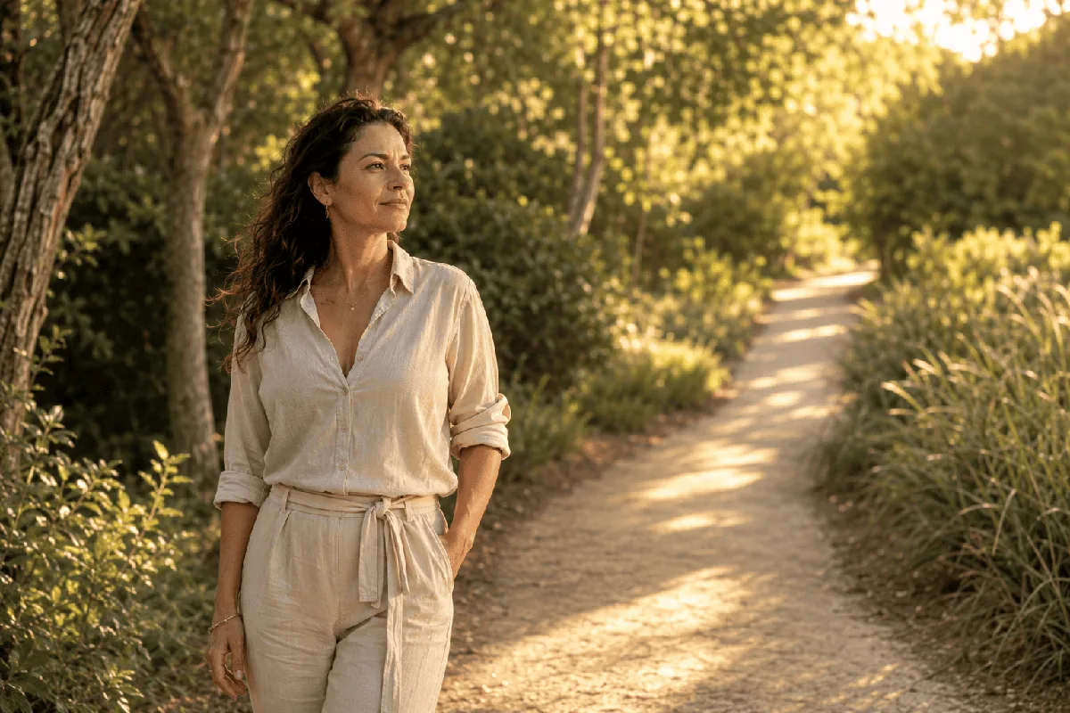 Mulher caminhando em trilha ao pôr do sol
