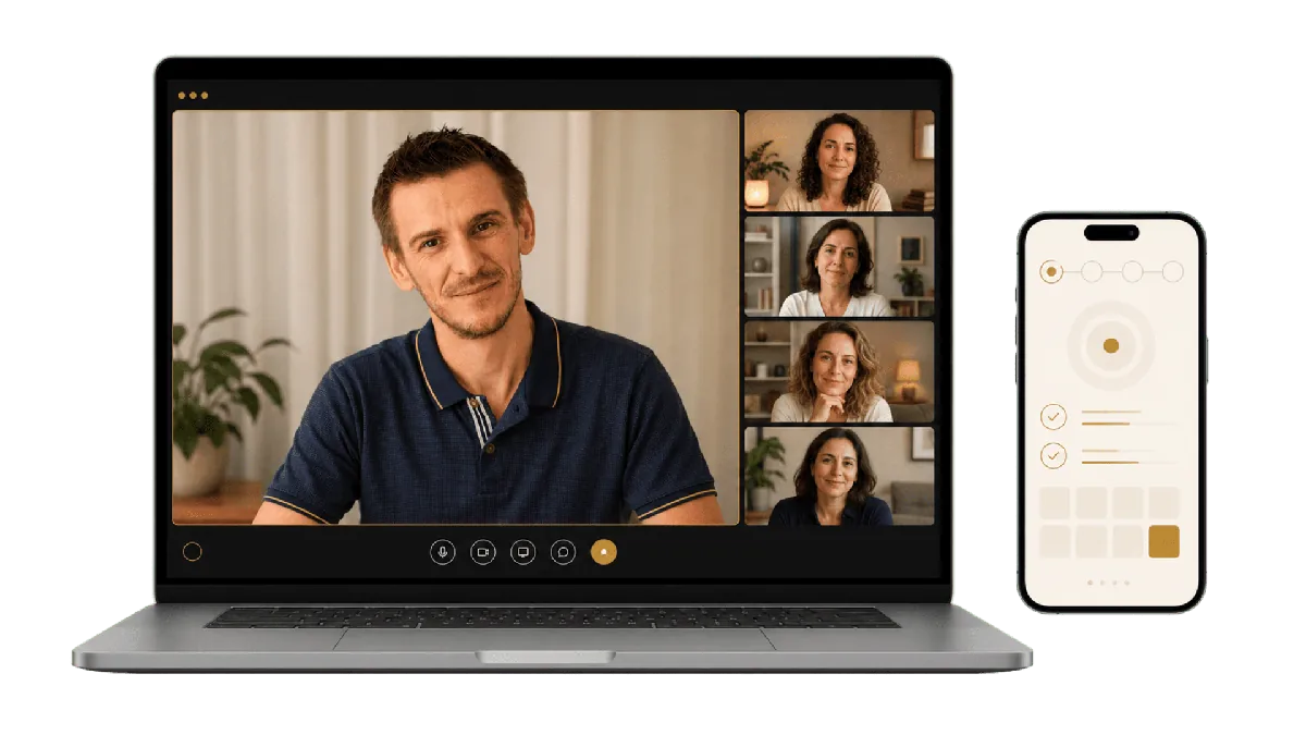 Encontro ao vivo em notebook com participantes ao lado