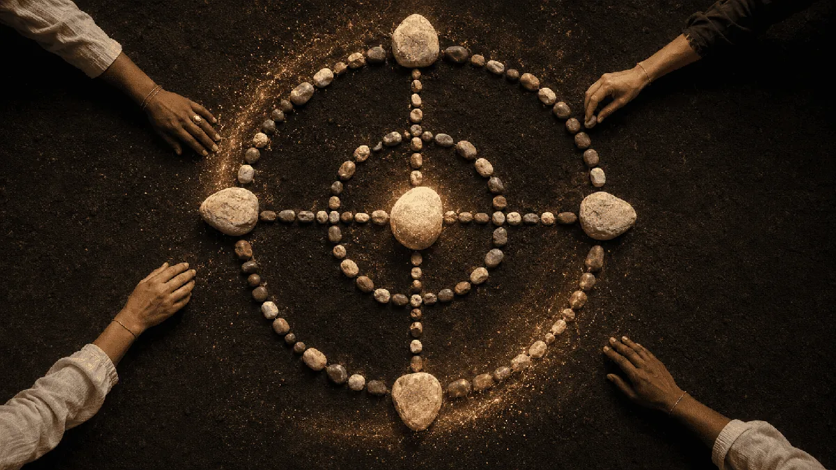 Mãos ao redor de uma roda ritual de pedras iluminada