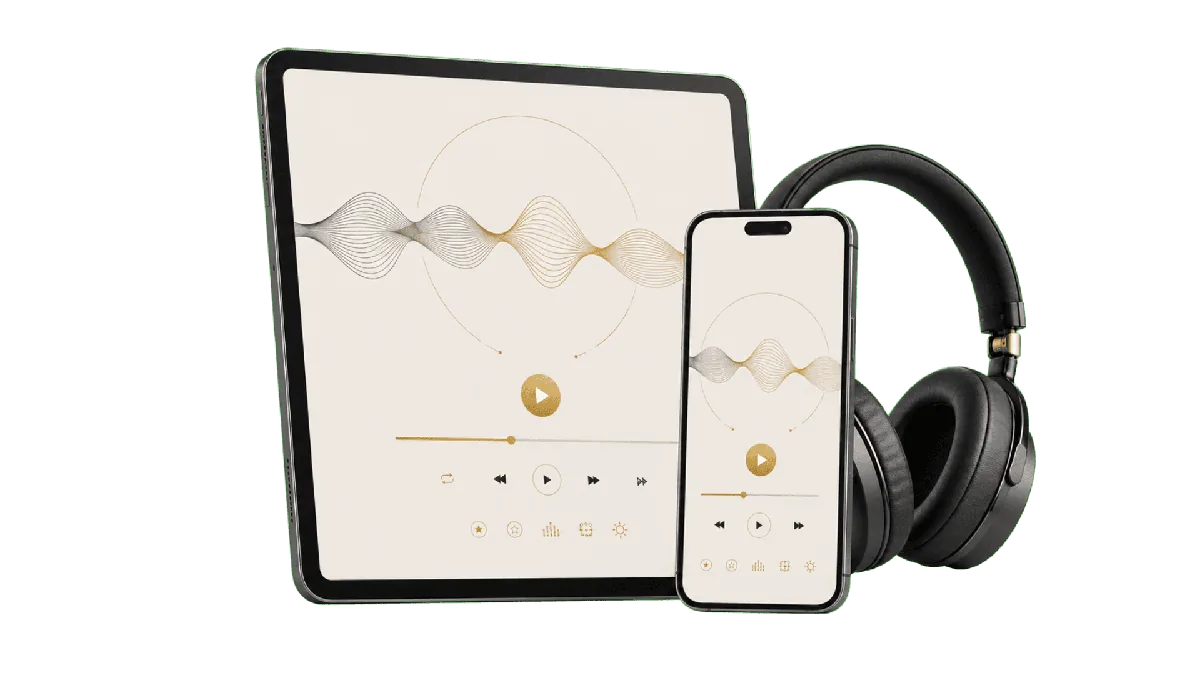 Áudio de preparação em tablet, celular e headphones